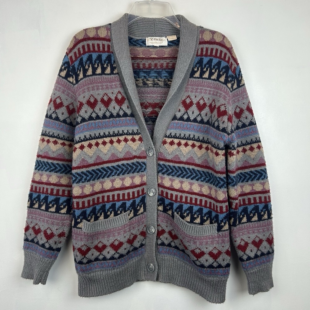 Vtg Southwestern Sweater Womans S Print Gray Front Button Acrylic Grandma Hippie